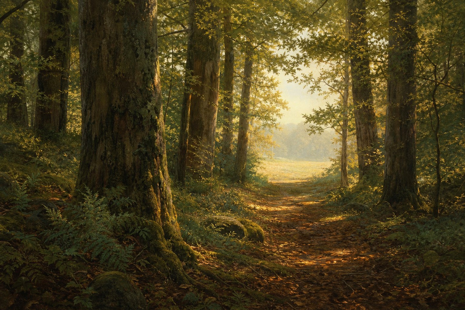 A sunlit woodland path strewn with leaves, winding between mossy trunks toward a bright clearing